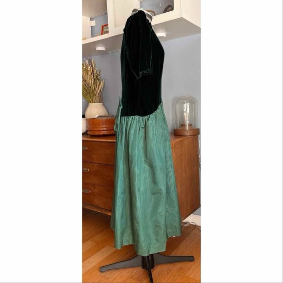 Vtg 80s Jane Schaffhausen Belle France Green Velvet & Taffeta Midi Dress Bk Bow - Picture 4 of 8